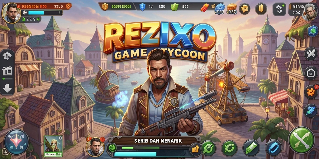 Tampilan gameplay <strong>REZIXO</strong> yang menarik dengan suasana bisnis yang dinamis.