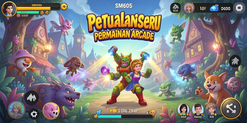 Tangkapan layar utama SM605 menampilkan aksi gameplay Arcade yang seru.