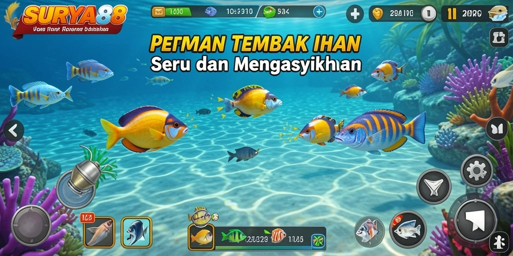 Gameplay SURYA88 menampilkan keseruan menangkap ikan dengan senjata yang beragam.