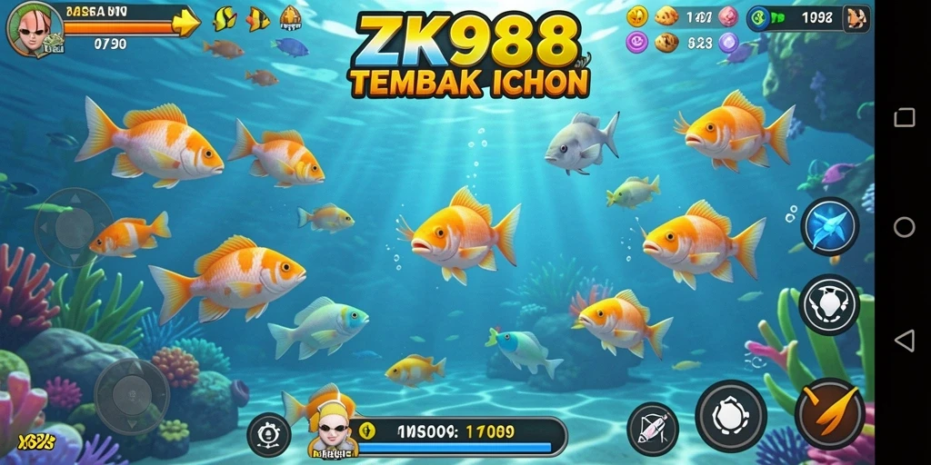 Tampilan gameplay ZK988 dengan aksi menembak ikan yang seru.